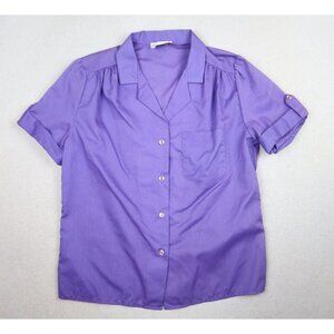 VINTAGE WOMEN'S PURPLE SHORT SLEEVE BUTTON-UP TOP - RHAPSODY - SIZE M
